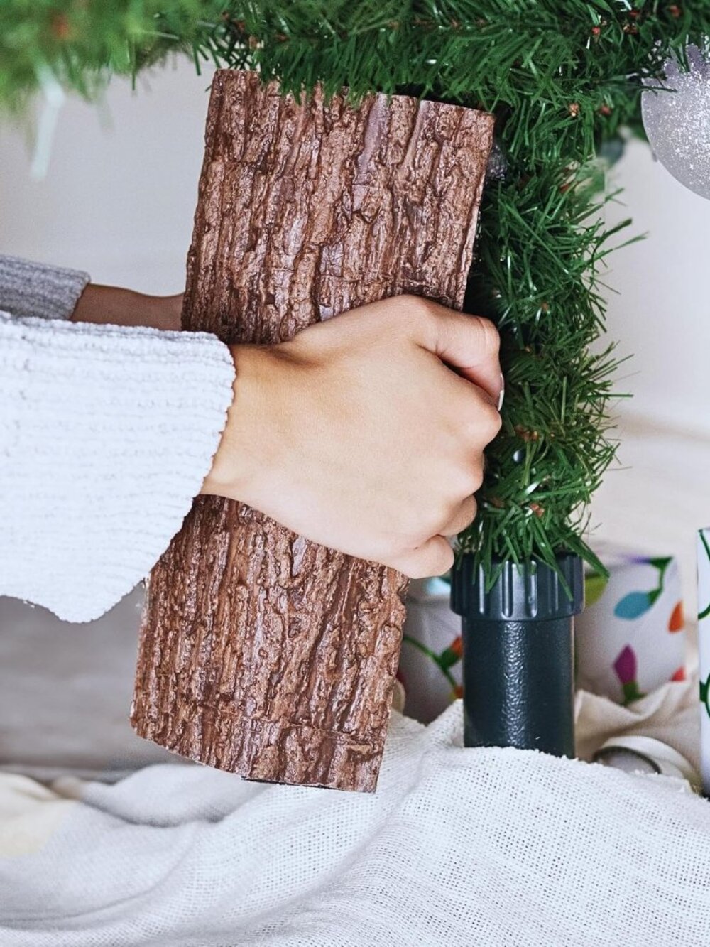 Realistic Brown Bark Artificial Xmas Tree Accessory, Real Feel Wood Texture